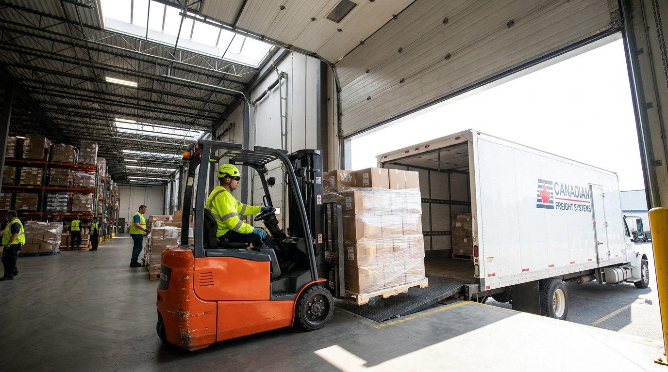 Cariste chargeant des palettes sur un camion de transport LTL dans un entrepôt canadien en 2026