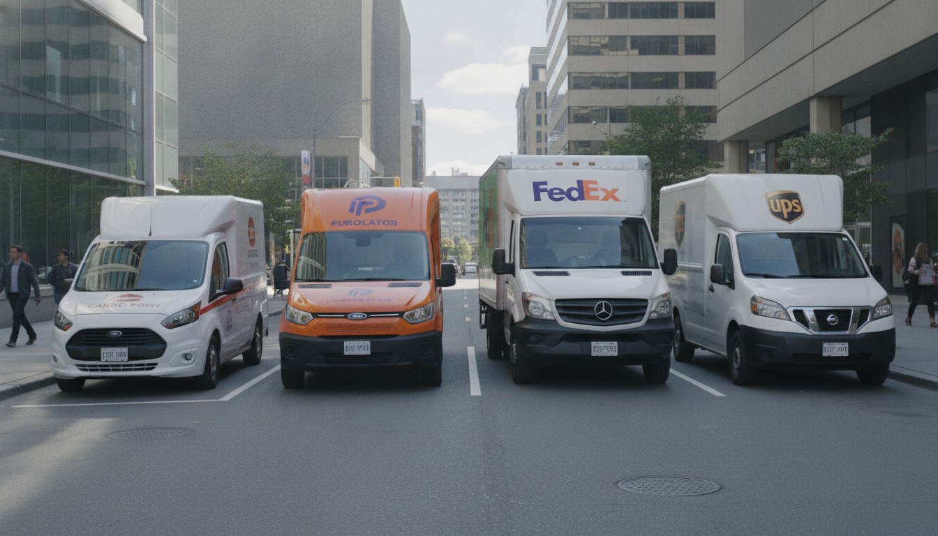 Quatre camions de transporteurs côte à côte dans une rue canadienne - comparatif transporteurs Canada 2026