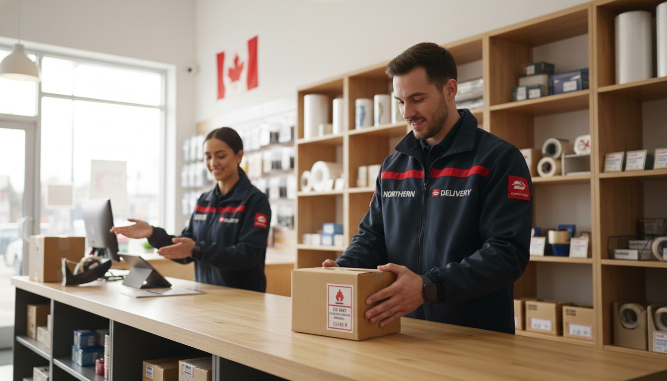 Expédier des batteries au lithium au Canada en 2026 : colis avec étiquette de danger classe 9 dans un magasin d'expédition