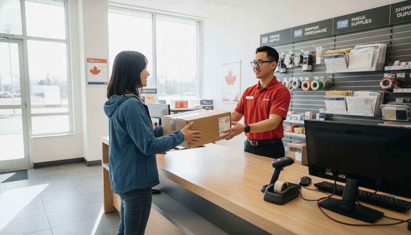 Client remettant un colis au comptoir d'un magasin d'expédition au Canada, illustrant le coût d'expédier un colis en magasin en 2026