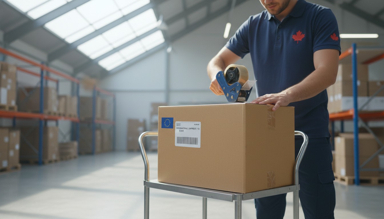 Courrier préparant un colis à expédier vers l'Europe en 2026 dans un entrepôt canadien, fin du seuil de 150 €