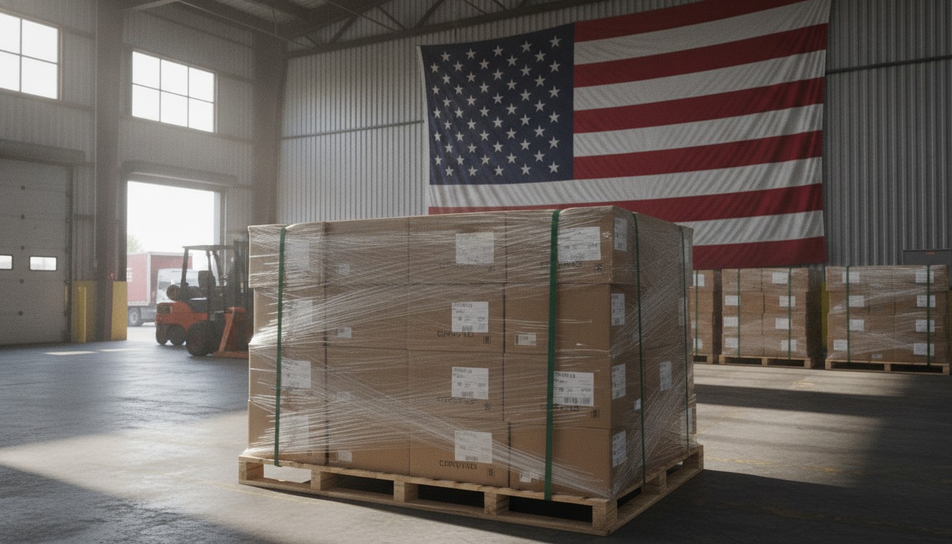 Paquetes en palés listos para su exportación a Estados Unidos con la bandera estadounidense: envío a EE. UU. en 2026