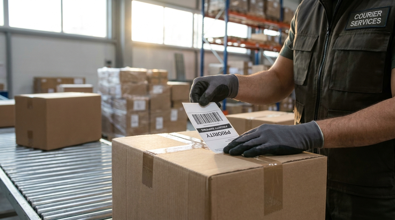 Courrier appliquant une étiquette d'expédition avec code-barres sur un colis dans un entrepôt au Canada en 2026