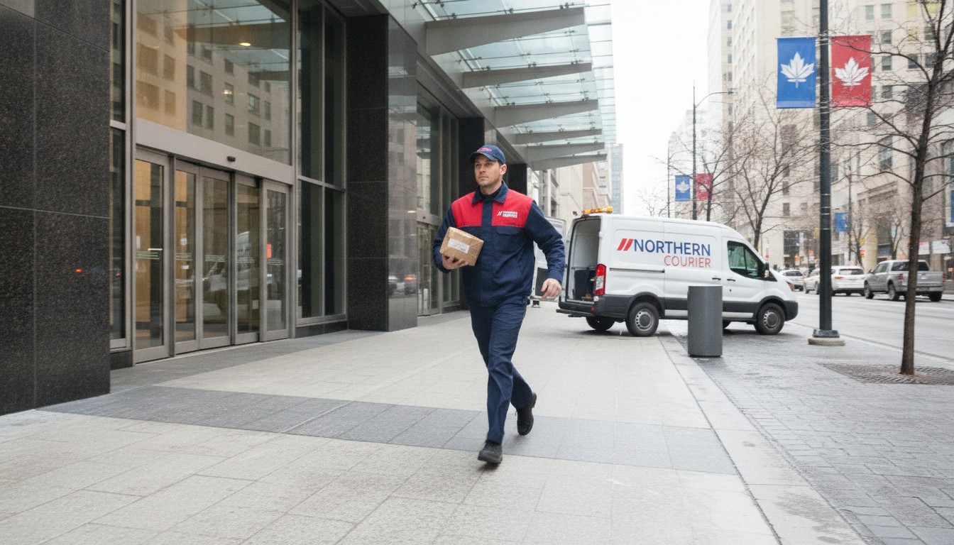 Coursier livrant un colis en livraison express dans une ville canadienne