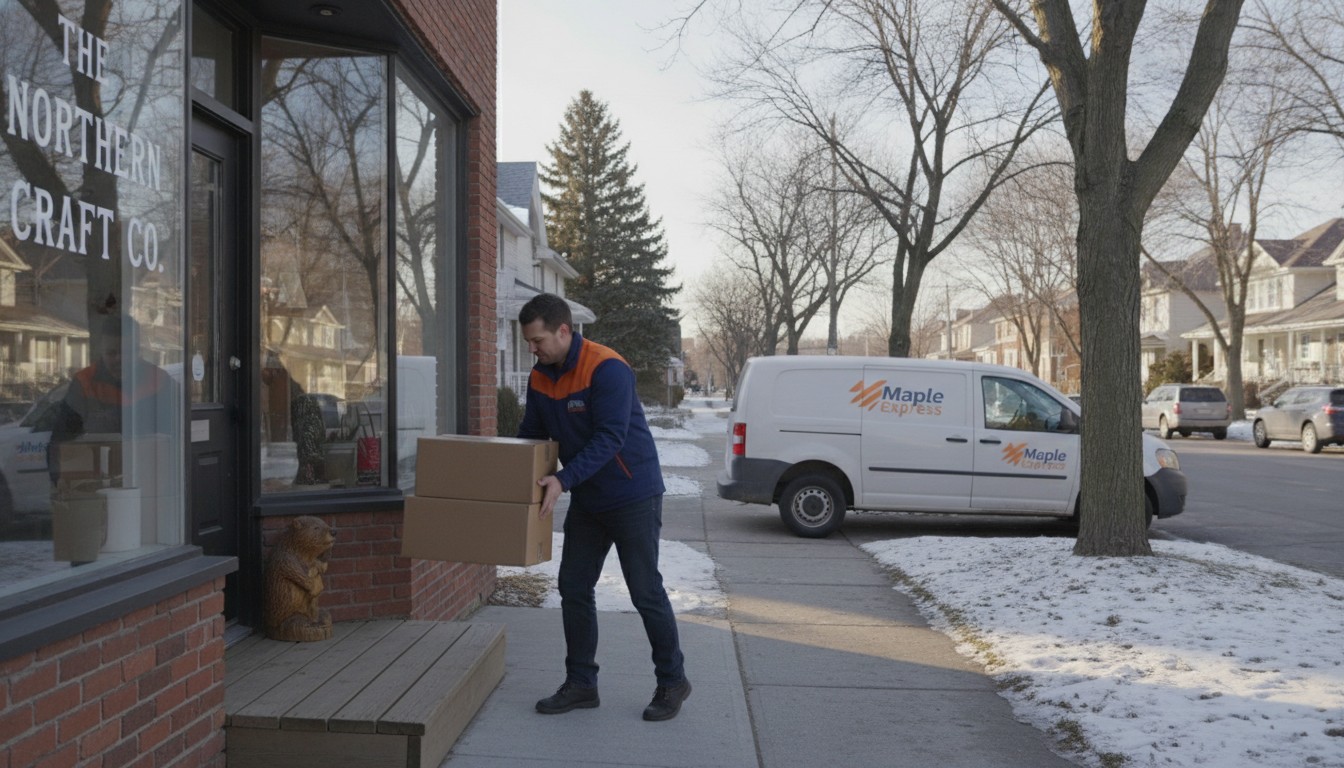 Livreur effectuant un ramassage de colis à domicile pour une PME au Canada en 2026