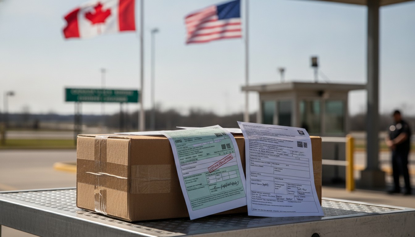 Packages with customs documents at the Canada-U.S. border - brokerage fees 2026