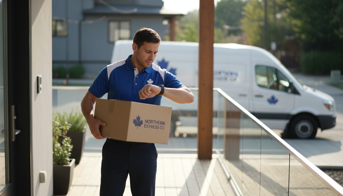 Courrier vérifiant sa montre devant un colis livré en retard — garantie de remboursement des transporteurs au Canada en 2026