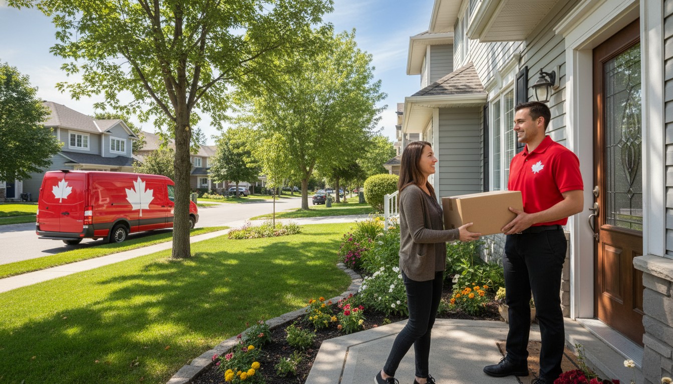 Livreur déposant un colis à domicile la fin de semaine au Canada – livraison de colis Postes Canada le samedi et le dimanche en 2026