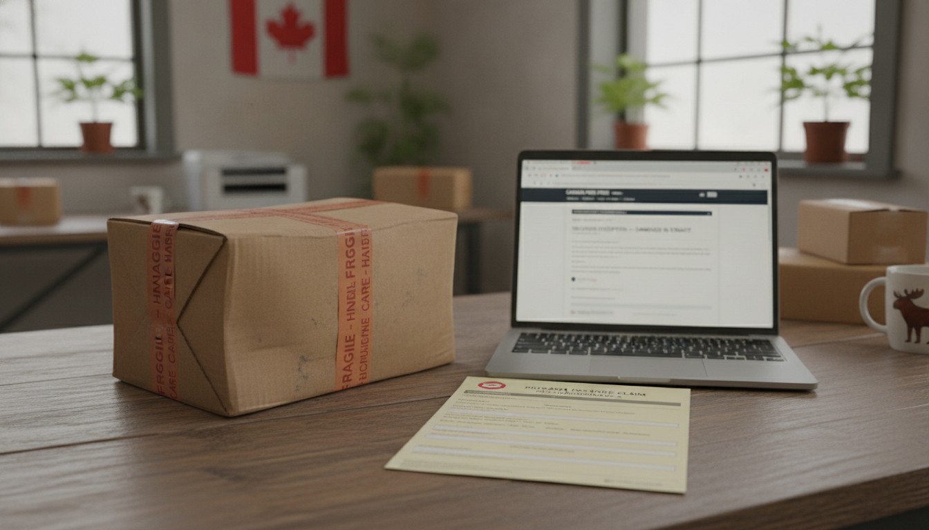 Colis endommagé à côté d'un formulaire de réclamation - réclamation colis perdu ou endommagé Canada 2026