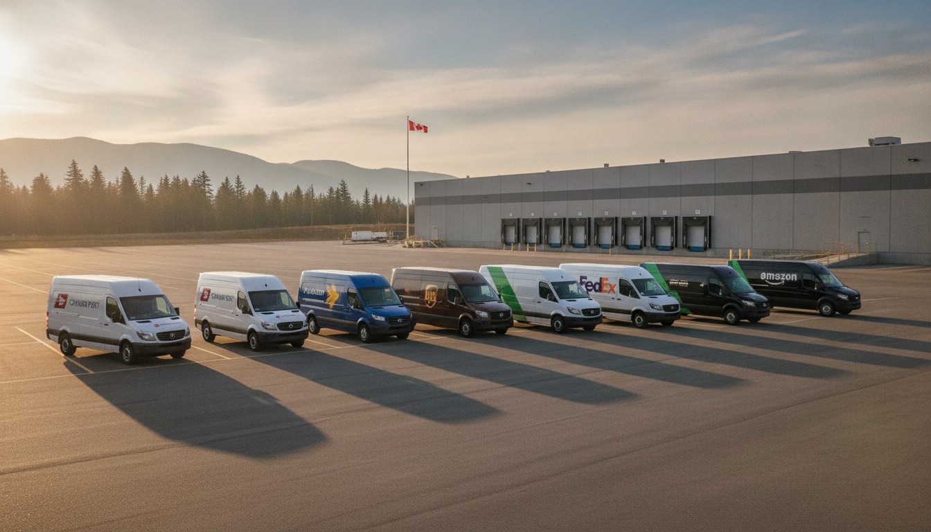 Plusieurs fourgons de livraison de transporteurs alignés dans un dépôt logistique canadien - stratégie multi-transporteurs 2026
