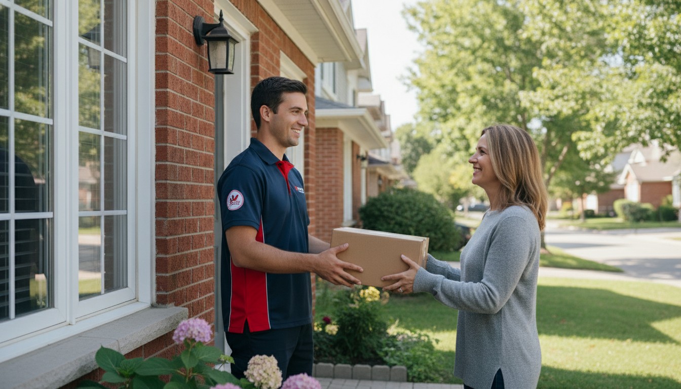 Livreur remettant un colis à une cliente sur le pas de sa porte – surcharge résidentielle 2026 au Canada