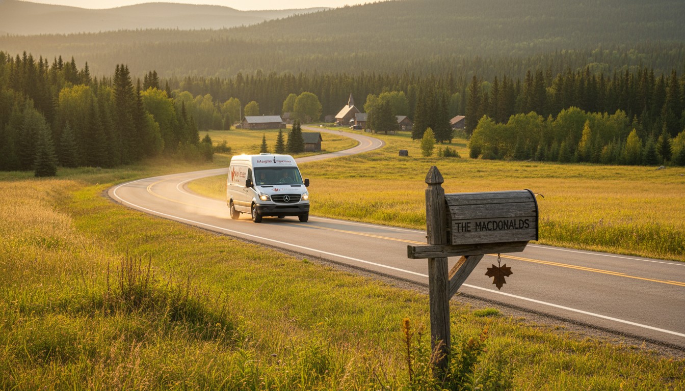Fourgon de livraison sur une route rurale au Canada illustrant la surcharge zone éloignée 2026
