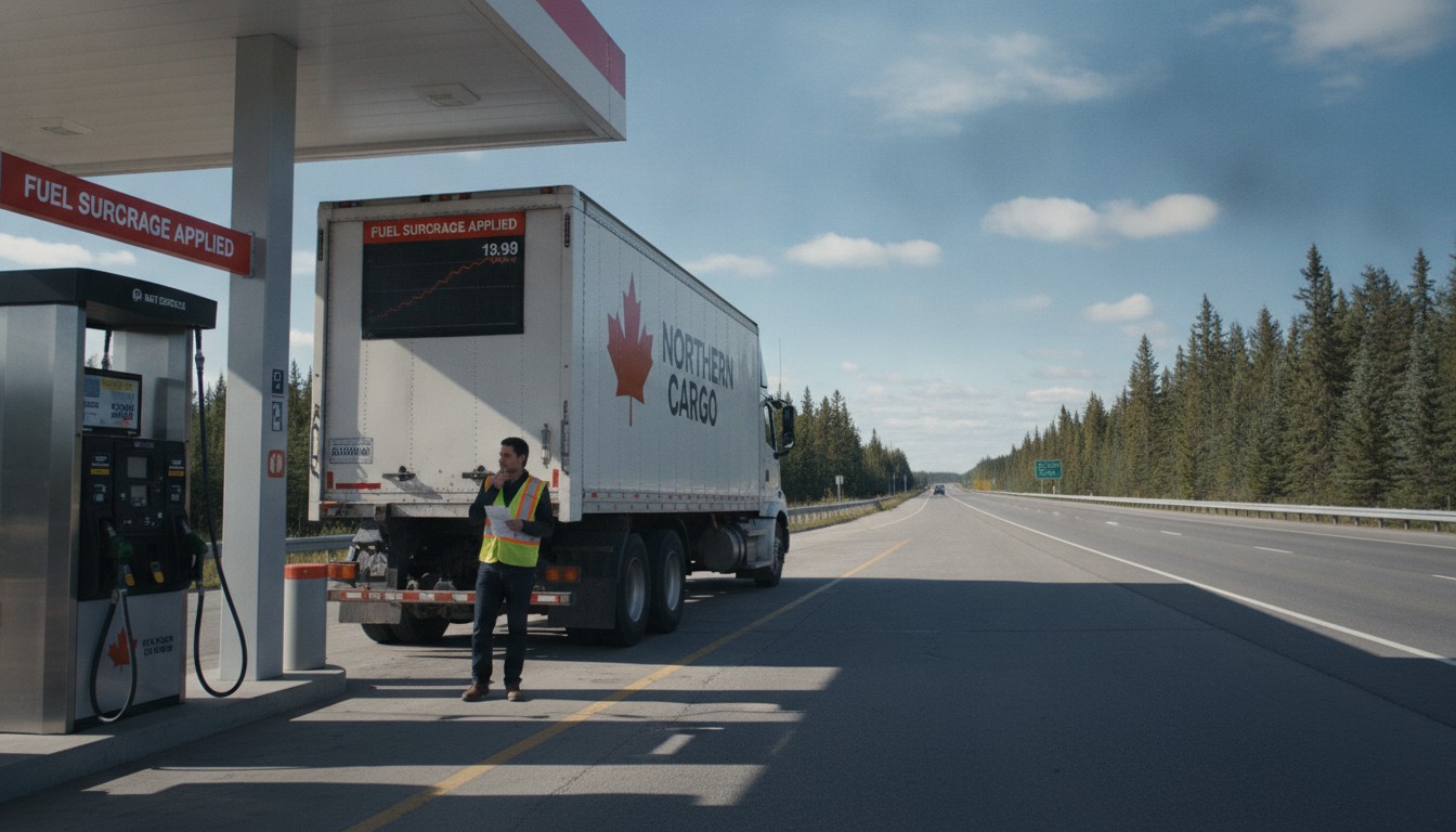 Delivery truck refueling at a gas station - 2026 fuel surcharges in Canada