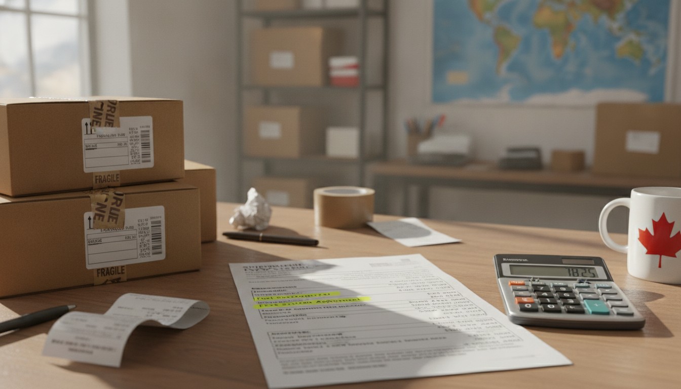 Facture d'expédition avec surcharges surlignées à côté de colis - surcharges transporteurs 2026