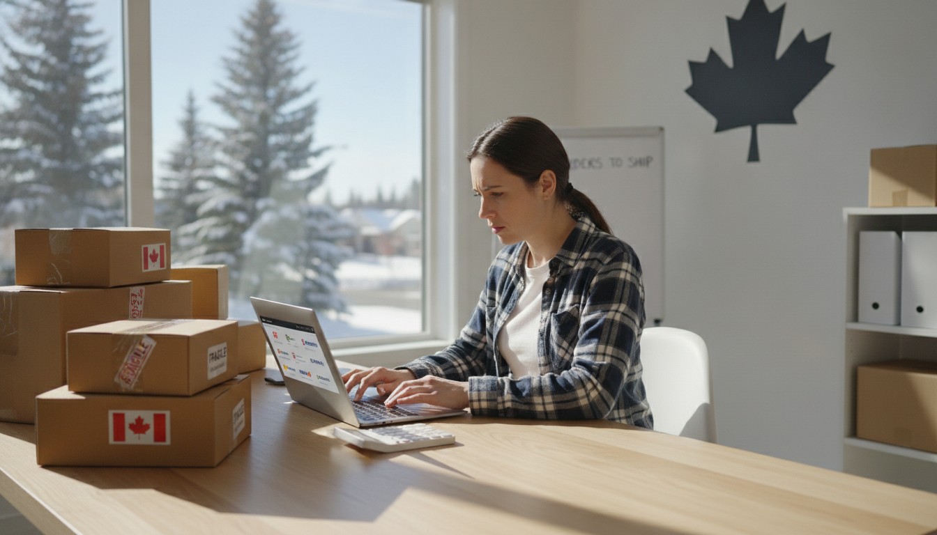 SME owner comparing 2026 shipping rates in Canada on a laptop