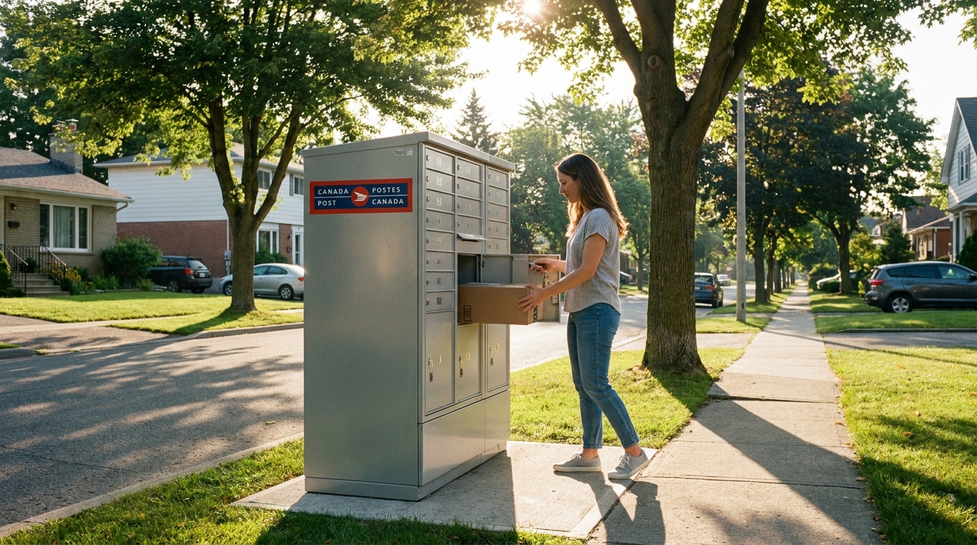 Boîtes postales communautaires Postes Canada 2026 avec compartiments à colis dans un quartier résidentiel canadien