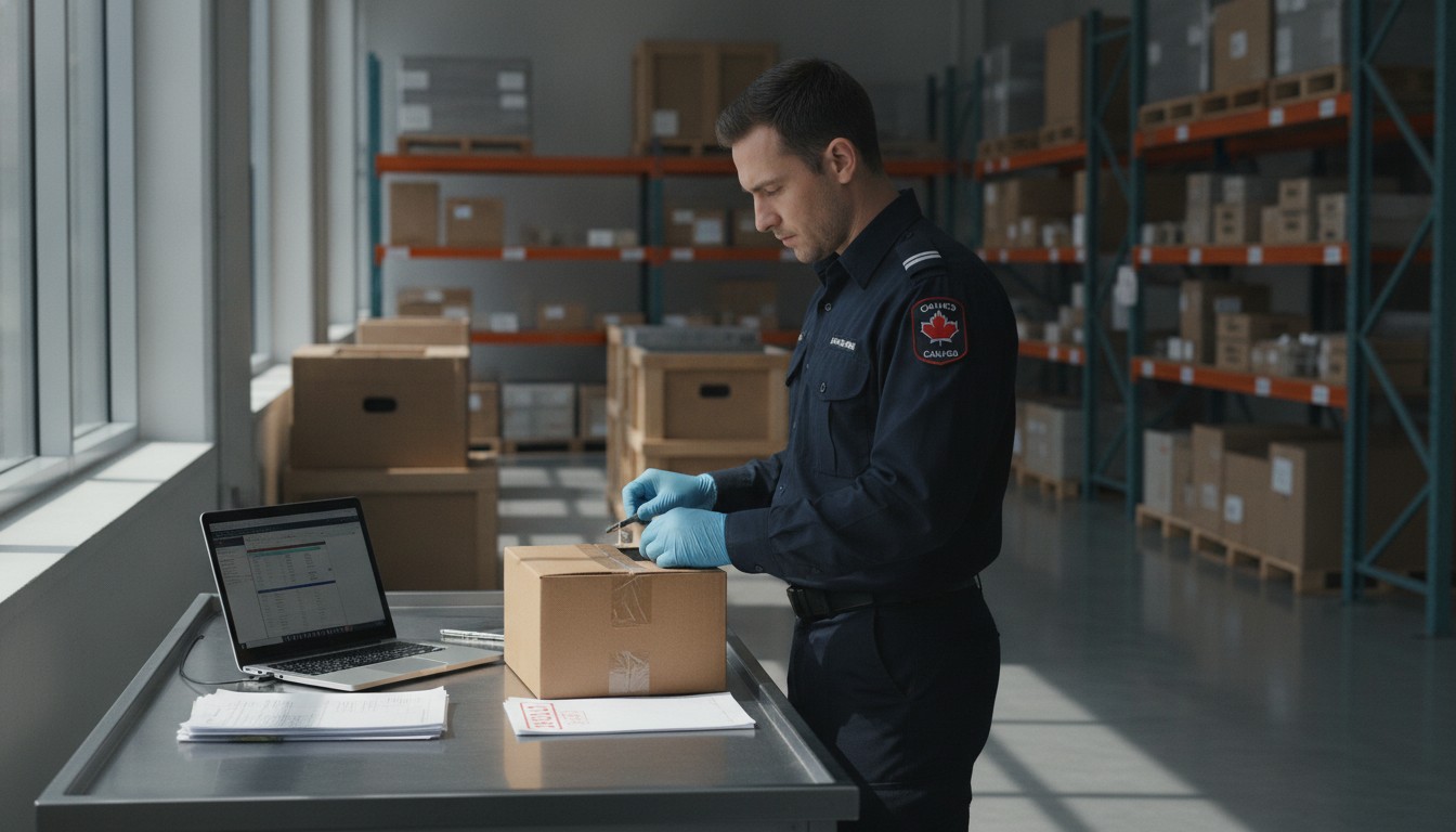 Agent des douanes inspectant un colis bloqué en douane dans un centre d'inspection frontalier au Canada