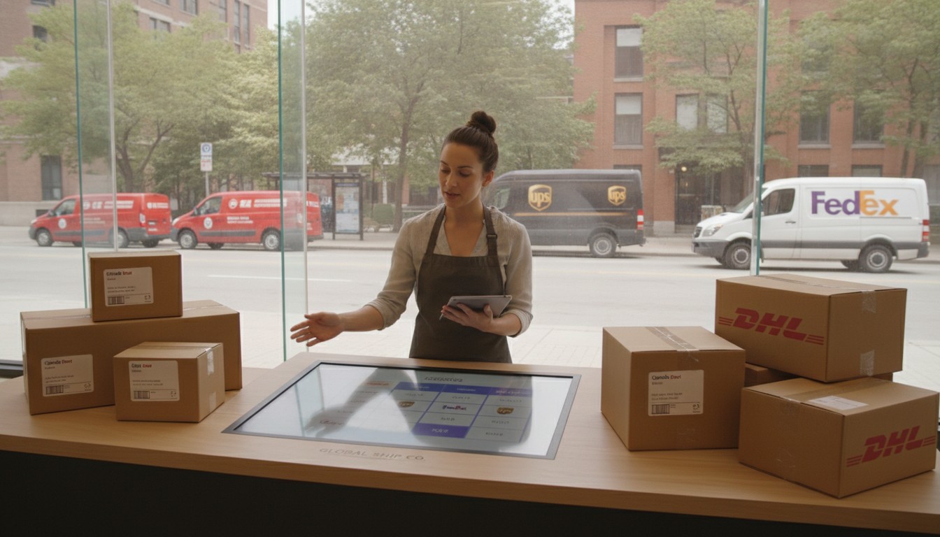Meilleur transporteur au Canada 2026 : PME comparant Purolator, Postes Canada, UPS et FedEx au comptoir d'expédition