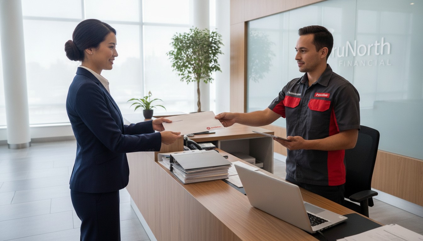 Employé de bureau remettant une enveloppe de documents importants à un coursier — envoyer des documents importants au Canada