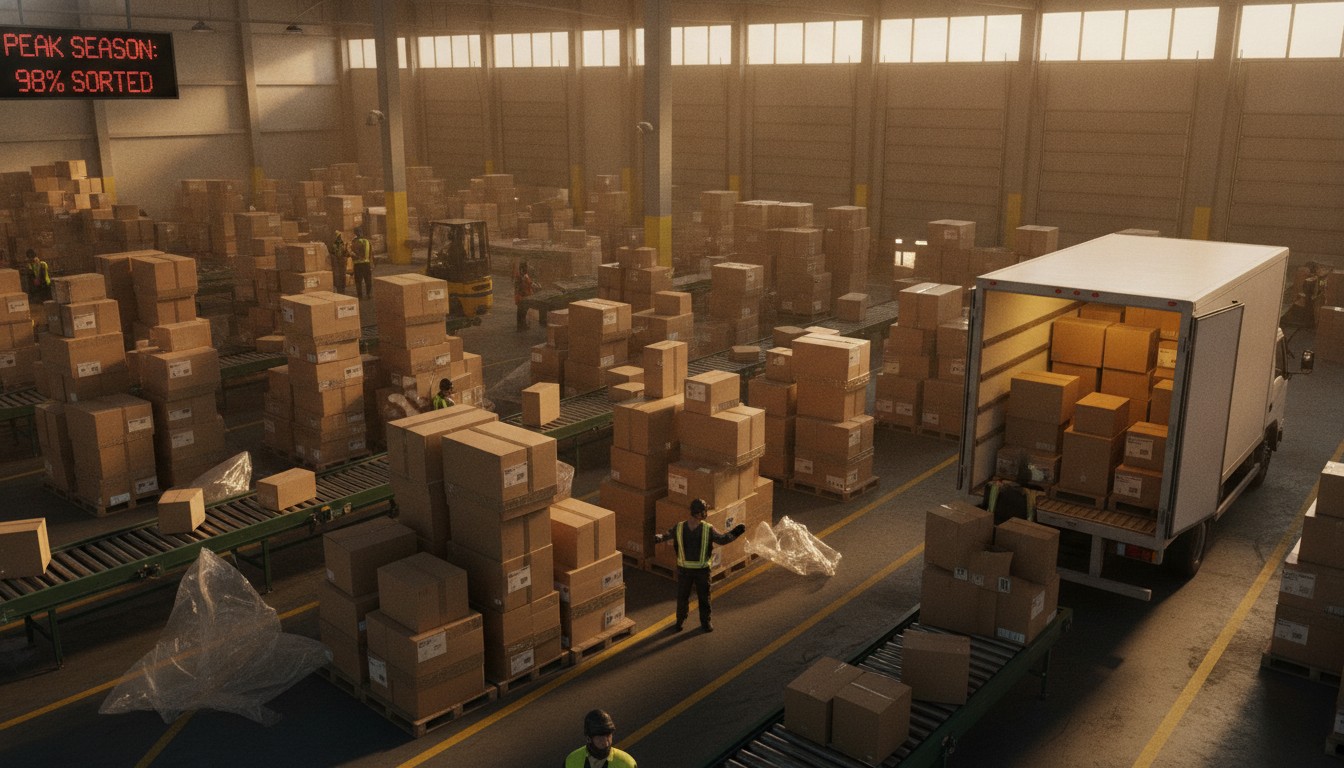 Surcharges de pointe 2026 : entrepôt de tri de colis en pleine haute saison au Canada