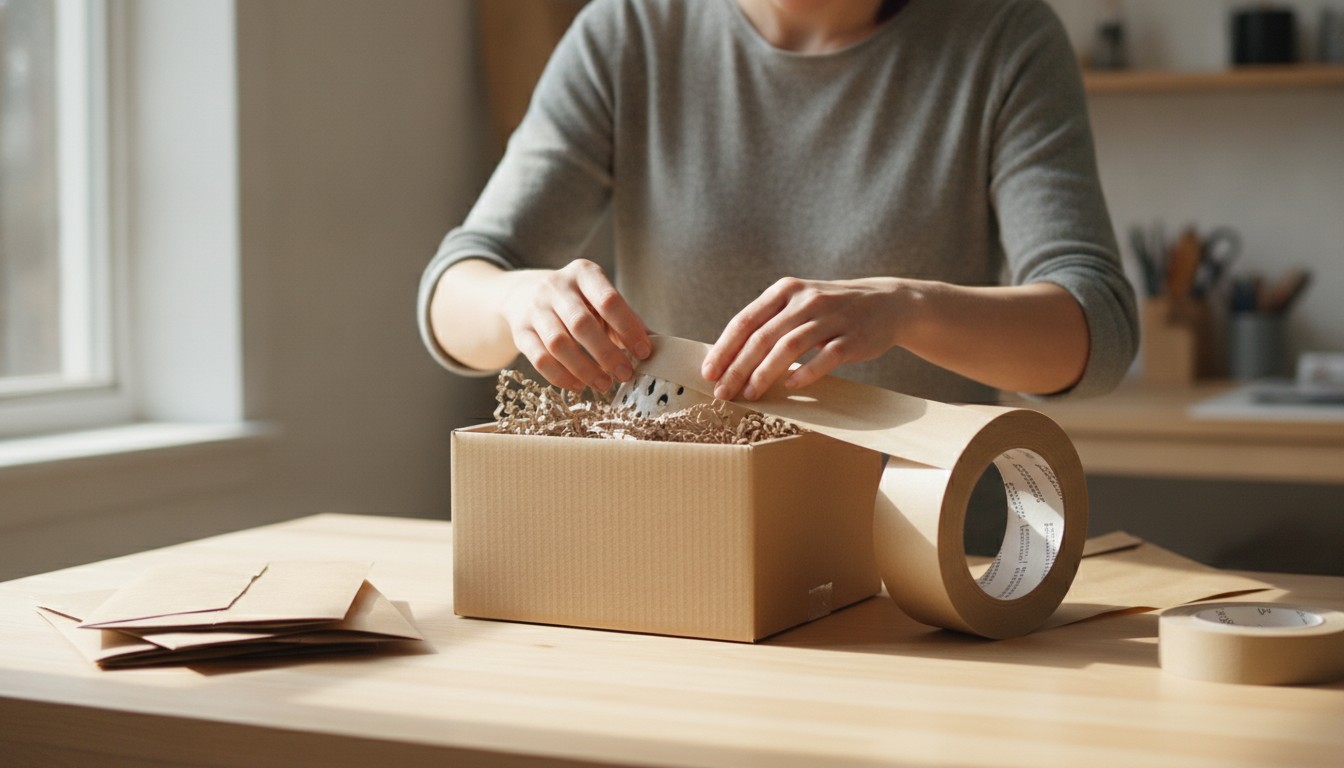 Proprietaire de PME qui prepare une commande dans une boite en carton recycle avec du papier de calage et du ruban en papier, emballage ecoresponsable au Canada en 2026