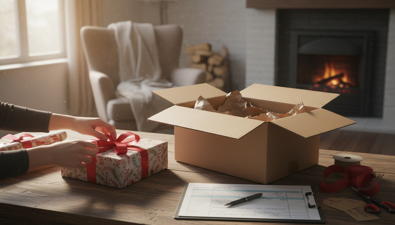Personne emballant un cadeau avant de l'expédier : envoyer un cadeau à l'étranger depuis le Canada avec formulaire de douane
