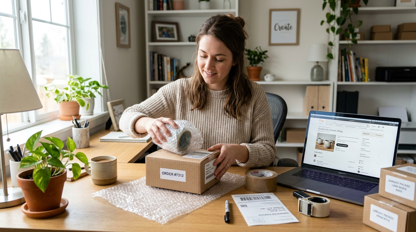 Vendeur qui prépare un colis pour expédier une vente Marketplace au Canada, avec ordinateur portable affichant une annonce en ligne