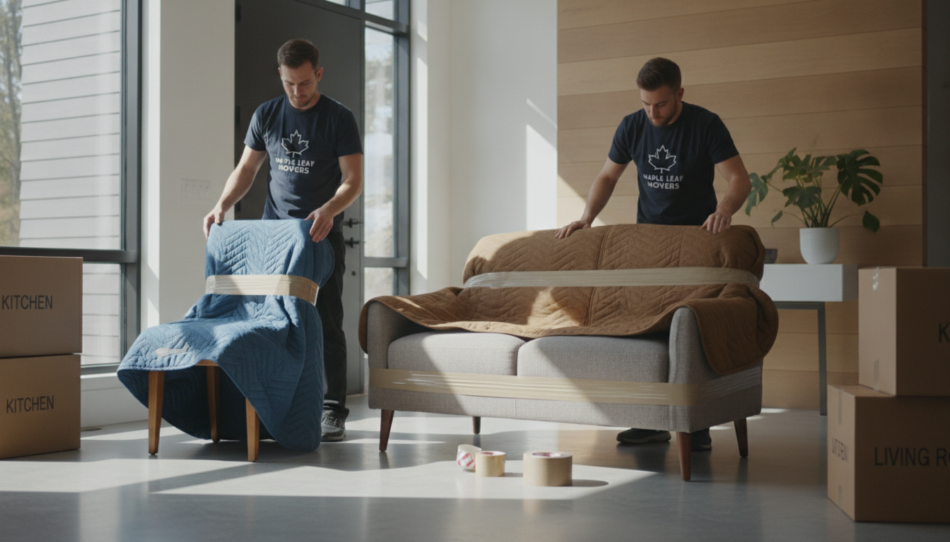 Déménageurs emballant une chaise et un sofa dans des couvertures de protection pour expédier des meubles au Canada