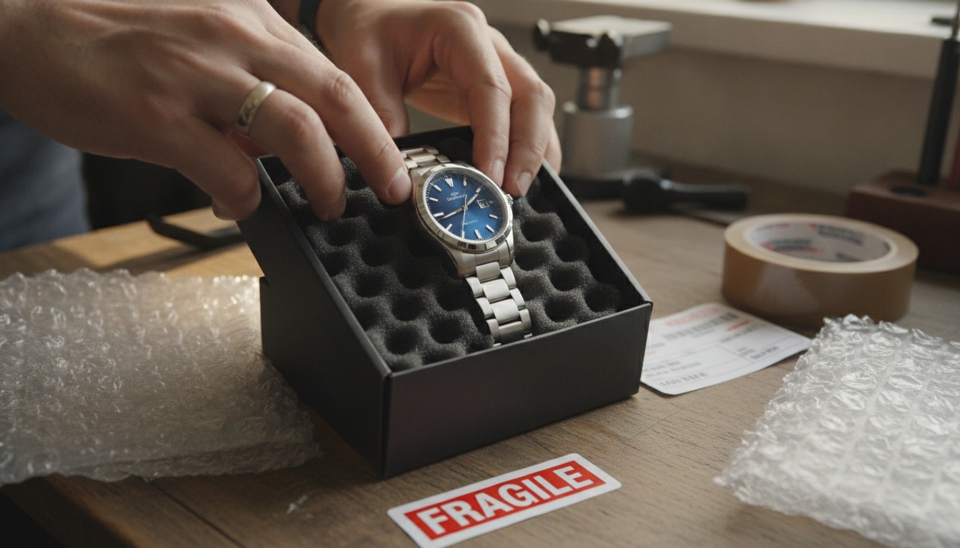 Expédier des objets de valeur : montre de luxe emballée avec soin dans une boîte matelassée
