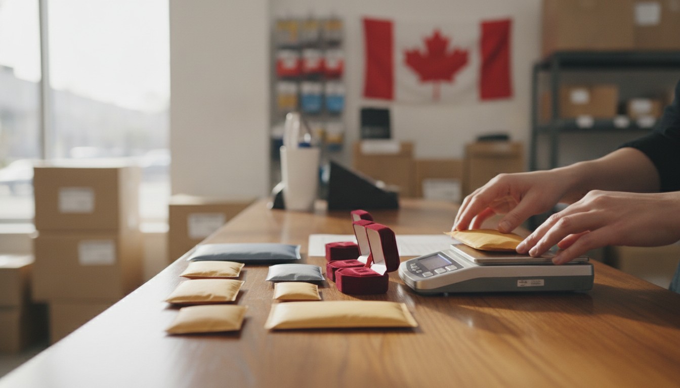 Expédier de petits articles au Canada : enveloppes matelassées et petites boîtes pesées sur une balance postale