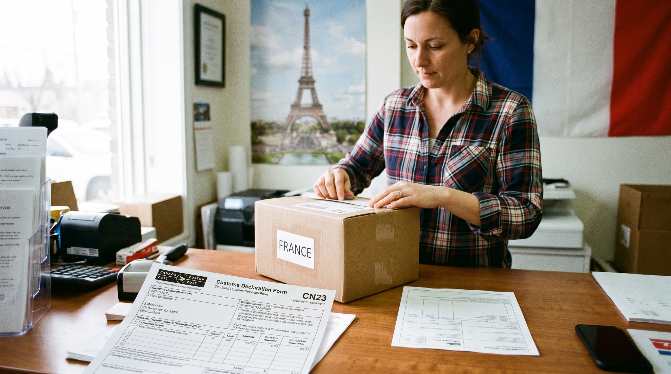 Expédier vers la France depuis le Canada : préparation d'un colis avec facture commerciale et déclaration en douane