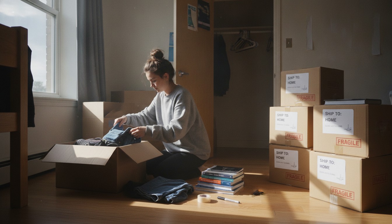 Étudiant qui emballe des boîtes pour expédier ses affaires avant la rentrée universitaire