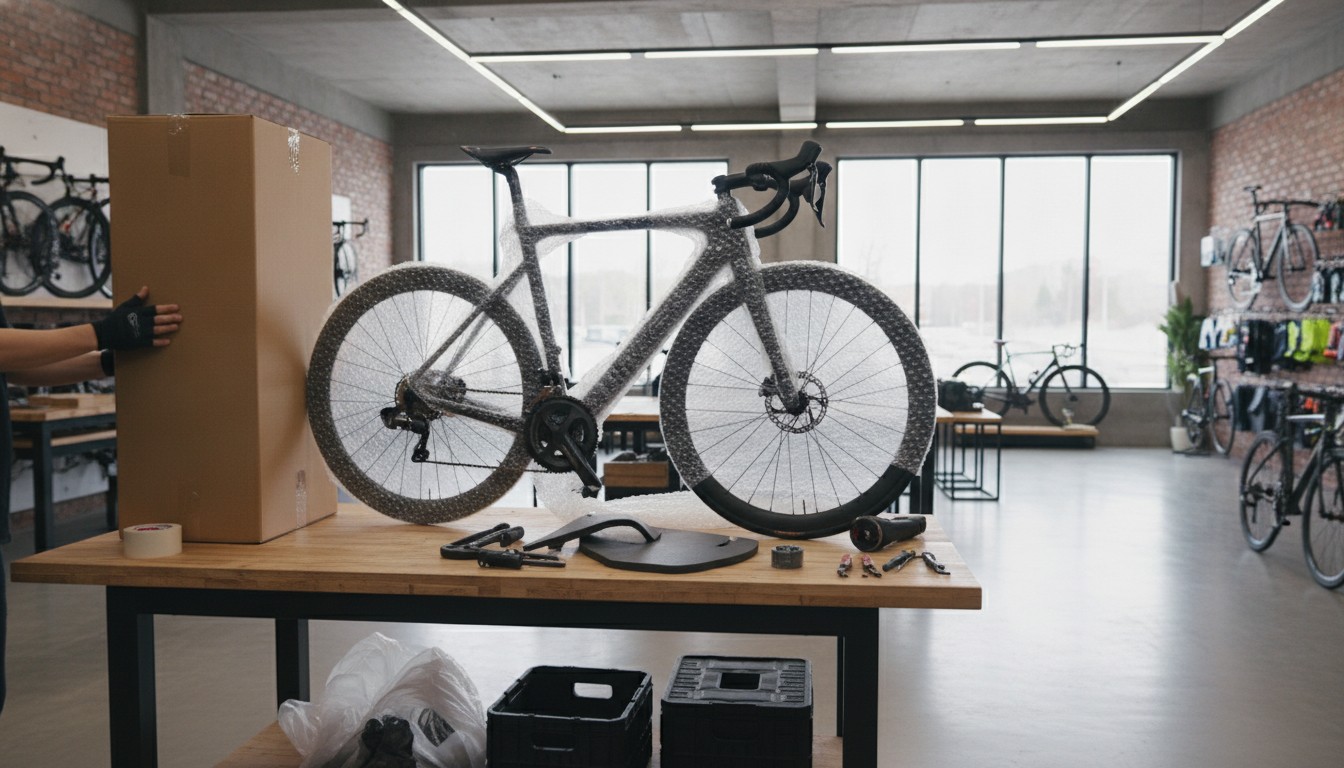 Expédier un vélo au Canada : vélo de route emballé dans une boîte de transport en carton