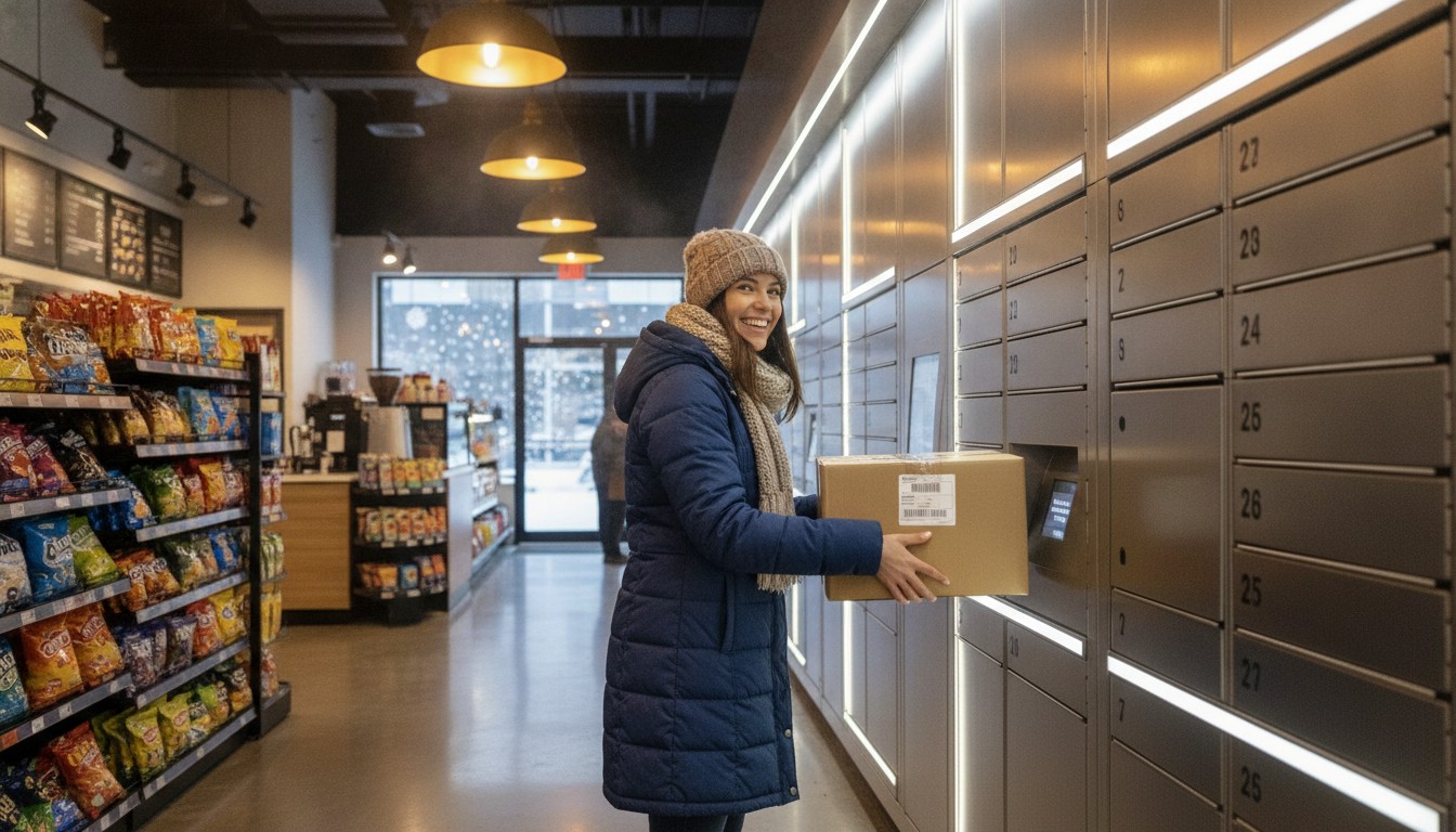 Cliente que recoge su paquete en una taquilla de un punto de recogida en Canadá — puntos de recogida de paquetes 2026