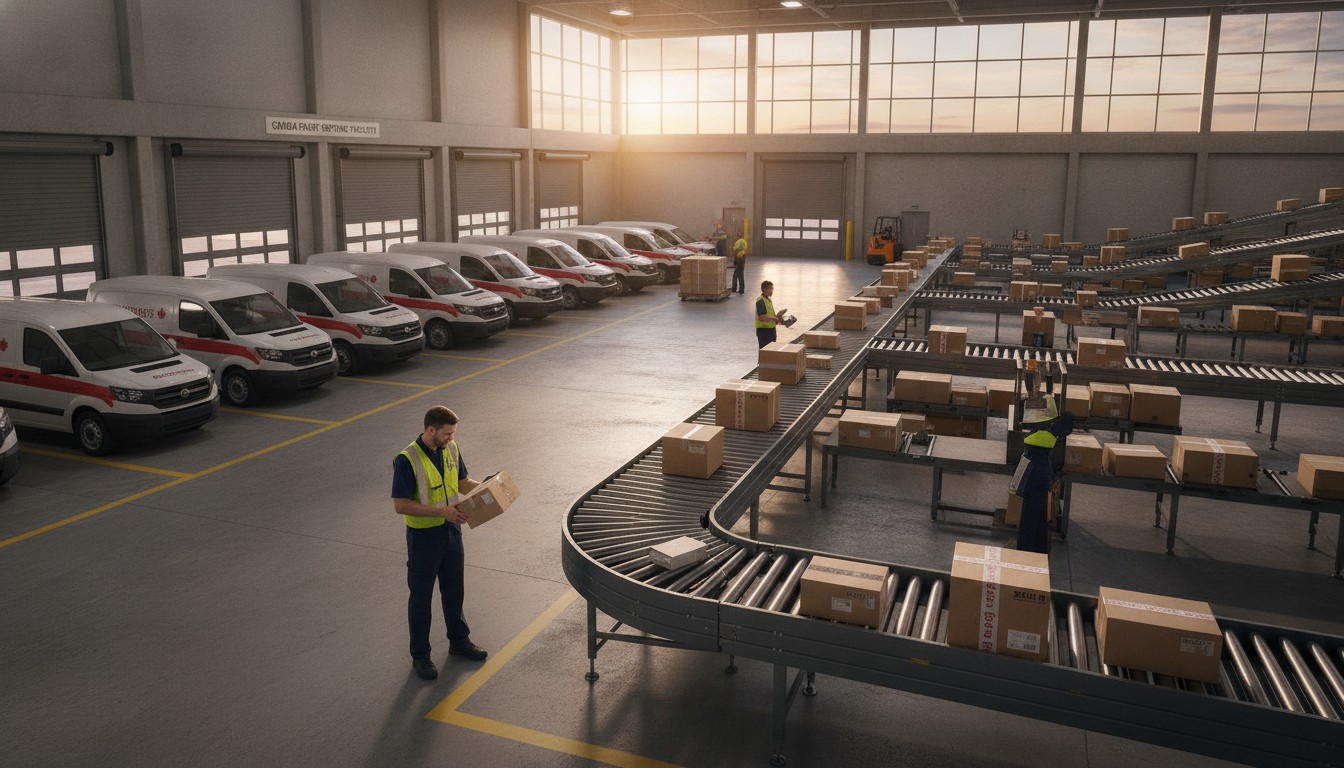 Centre de tri régional canadien illustrant les zones d'expédition et les bandes de distance des transporteurs