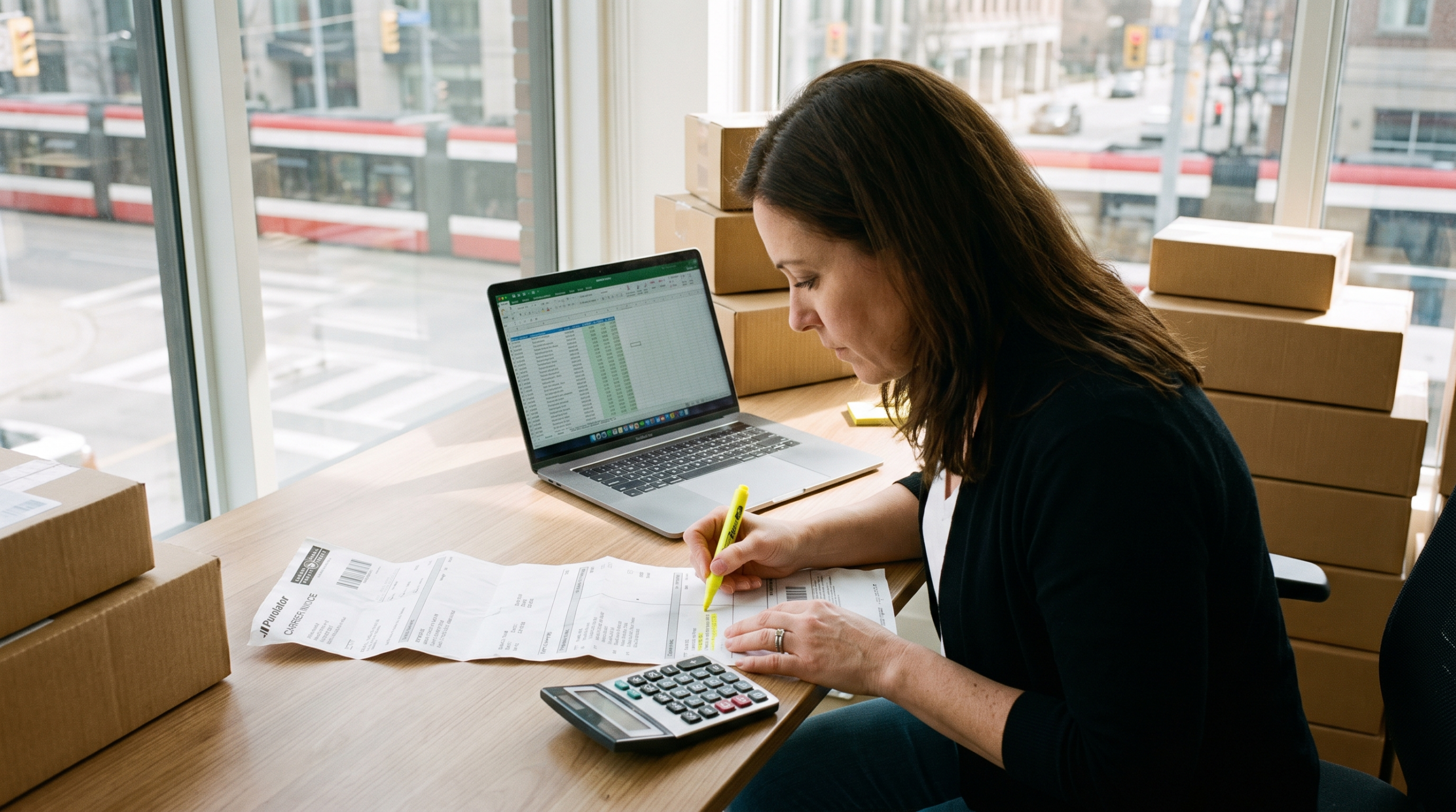 Propriétaire de PME faisant l'audit de sa facture d'expédition 2026 avec calculatrice et tableur