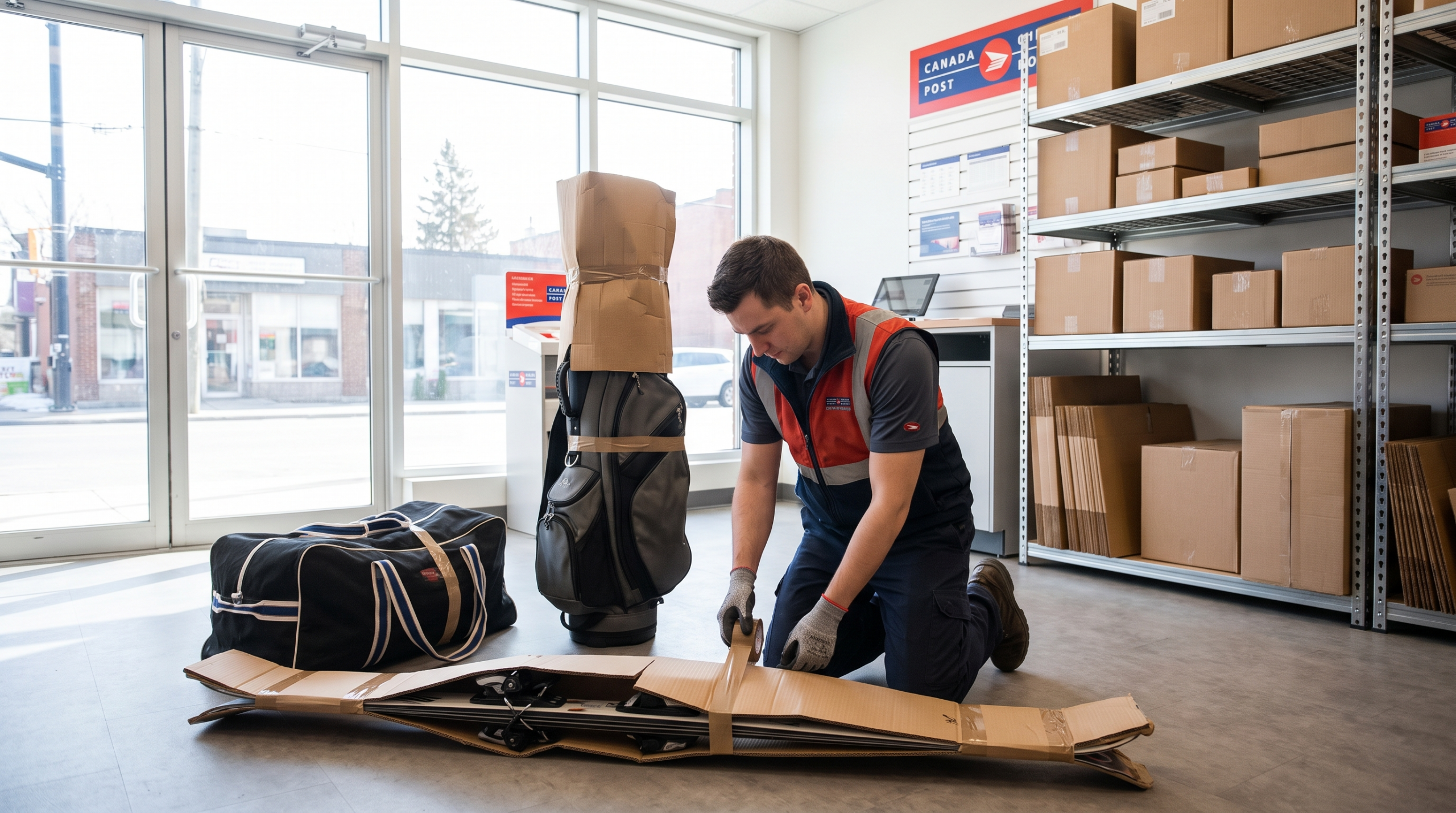 Commis emballant des skis et un sac de hockey pour expédier de l'équipement de sport au Canada