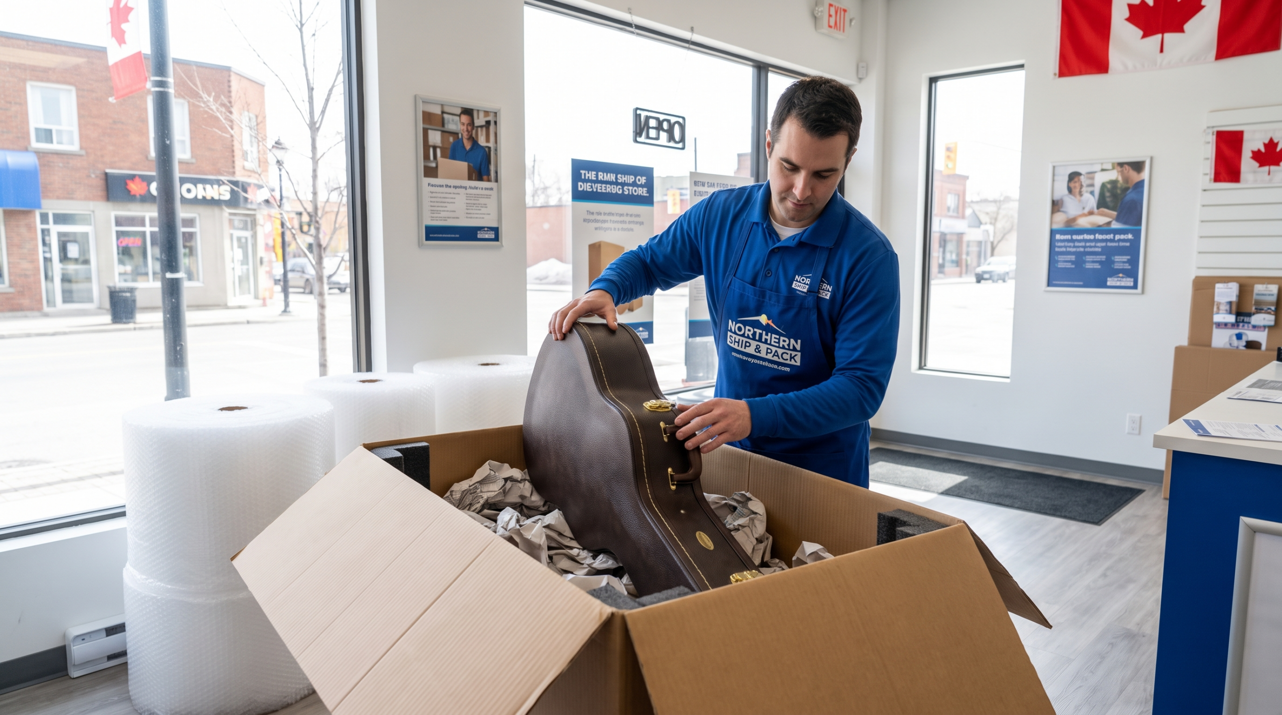 A specialist packing a guitar into its hard case to ship a musical instrument to Canada in 2026