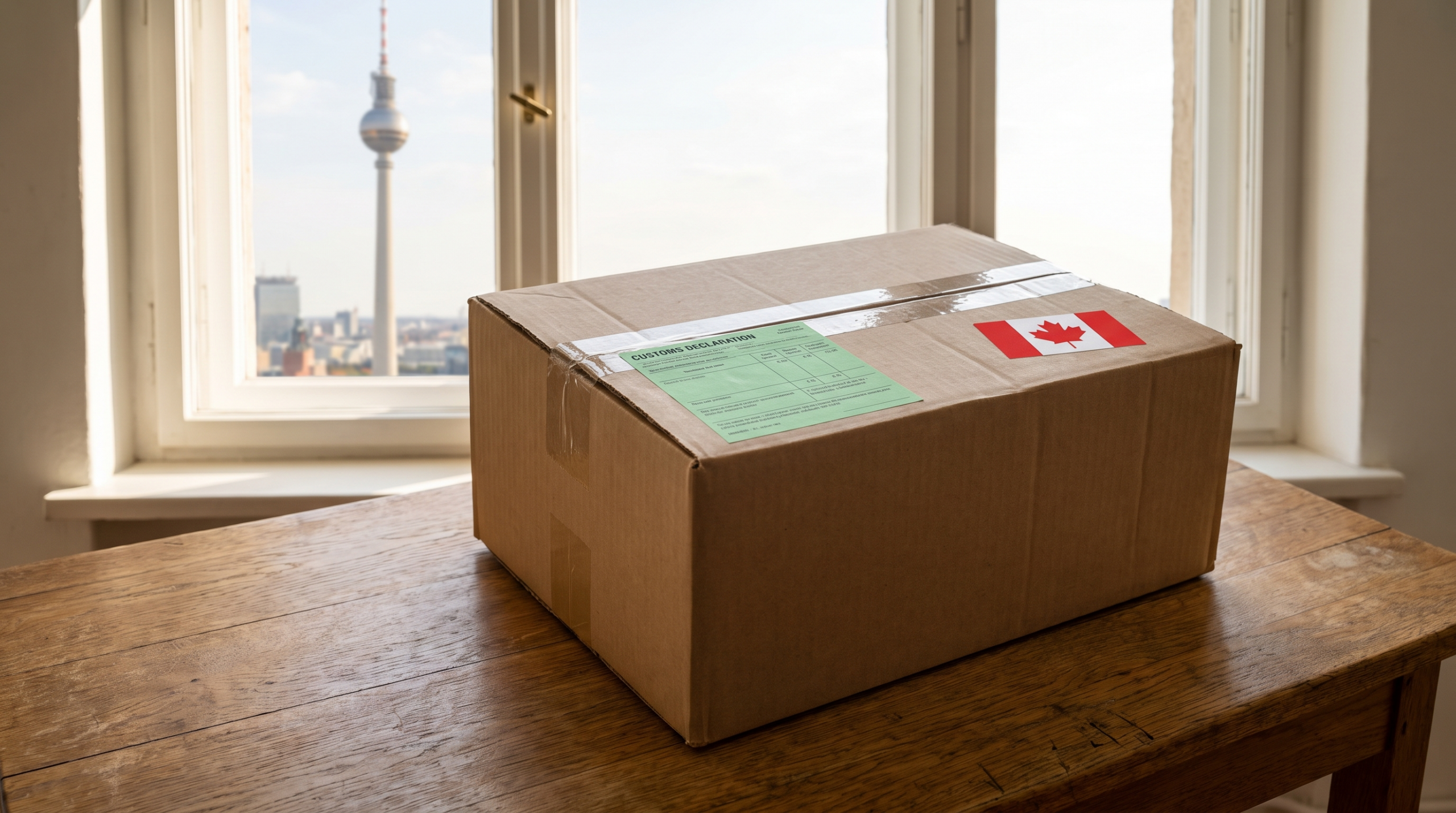 Colis prêt à expédier vers l'Allemagne depuis le Canada avec déclaration douanière, skyline de Berlin en arrière-plan