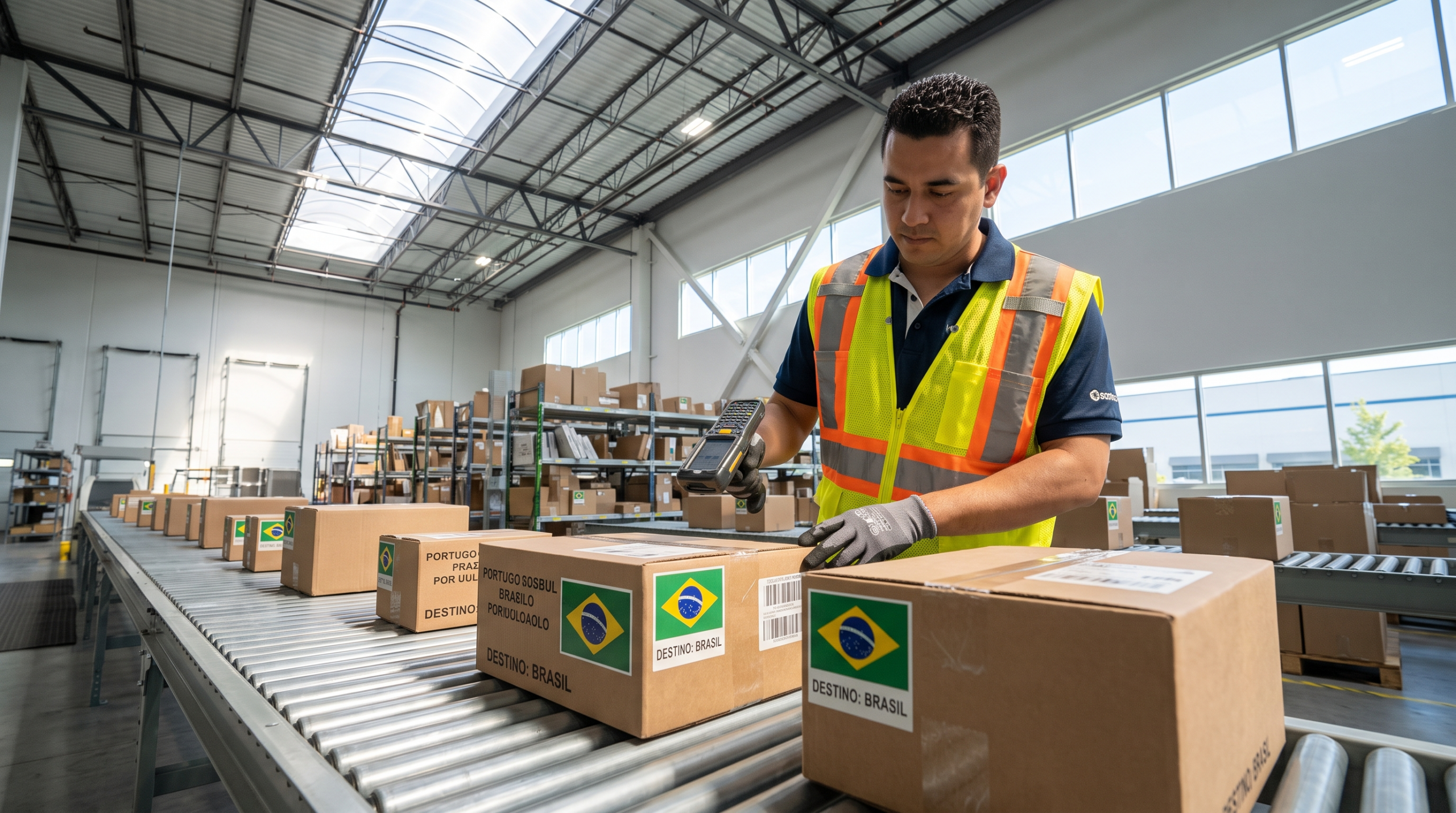 A logistics employee scanning packages to be shipped to Brazil from a Canadian warehouse