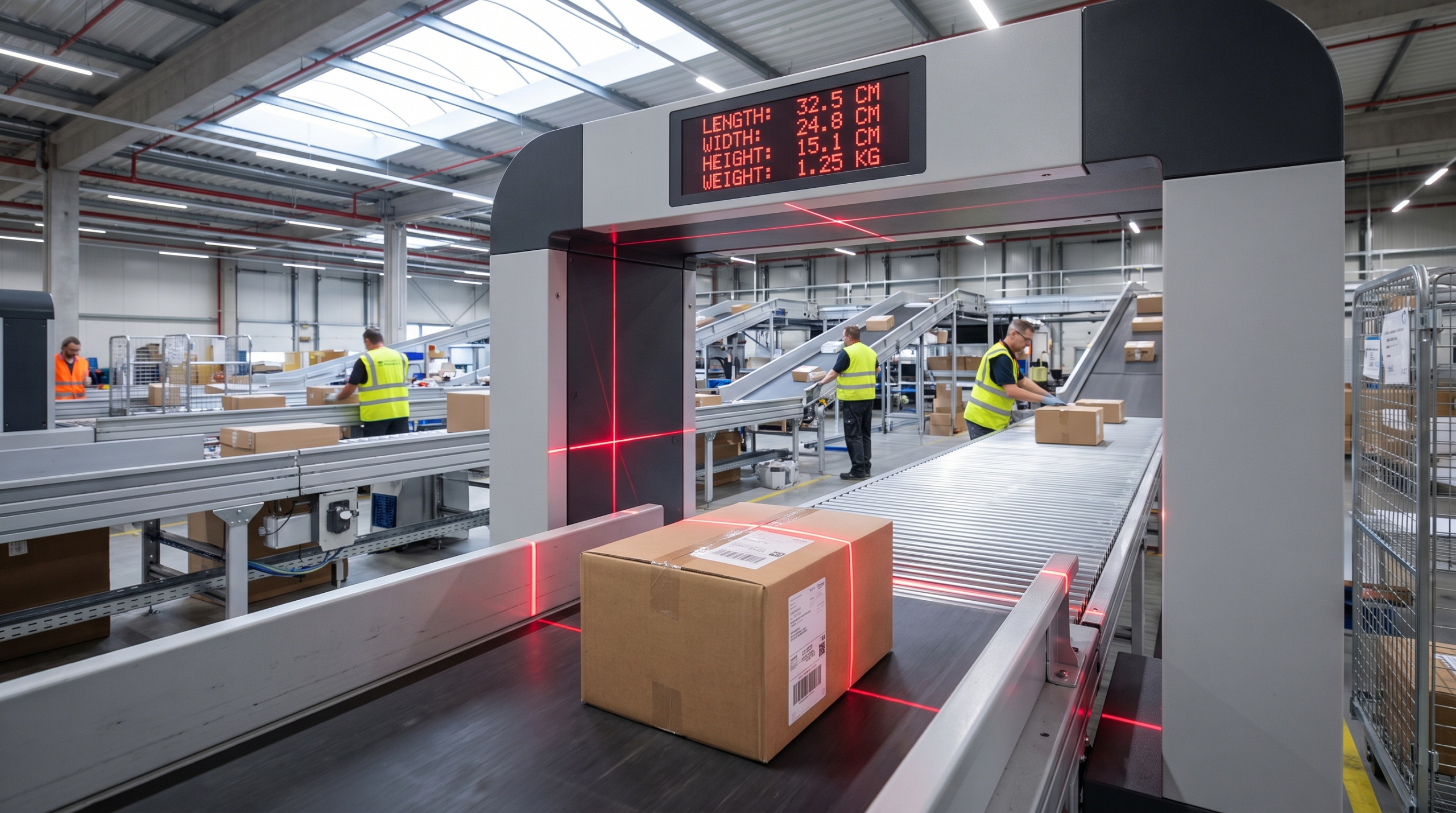 A package passing through a dimensional scanner, illustrating the 2026 shipping adjustment fees