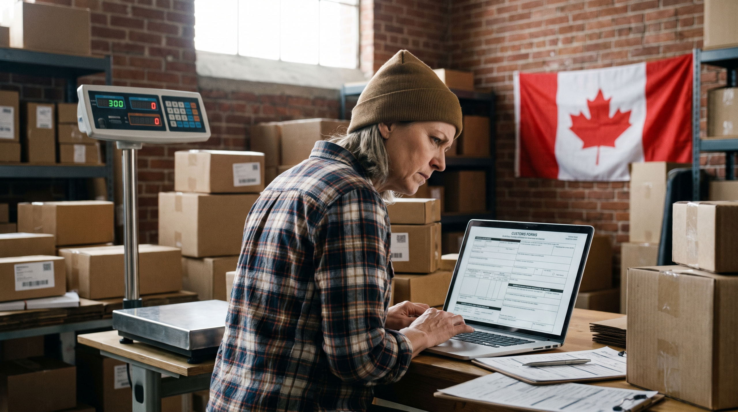 Propriétaire de PME canadienne vérifiant ses documents de douane GCRA CARM 2026 dans son entrepôt