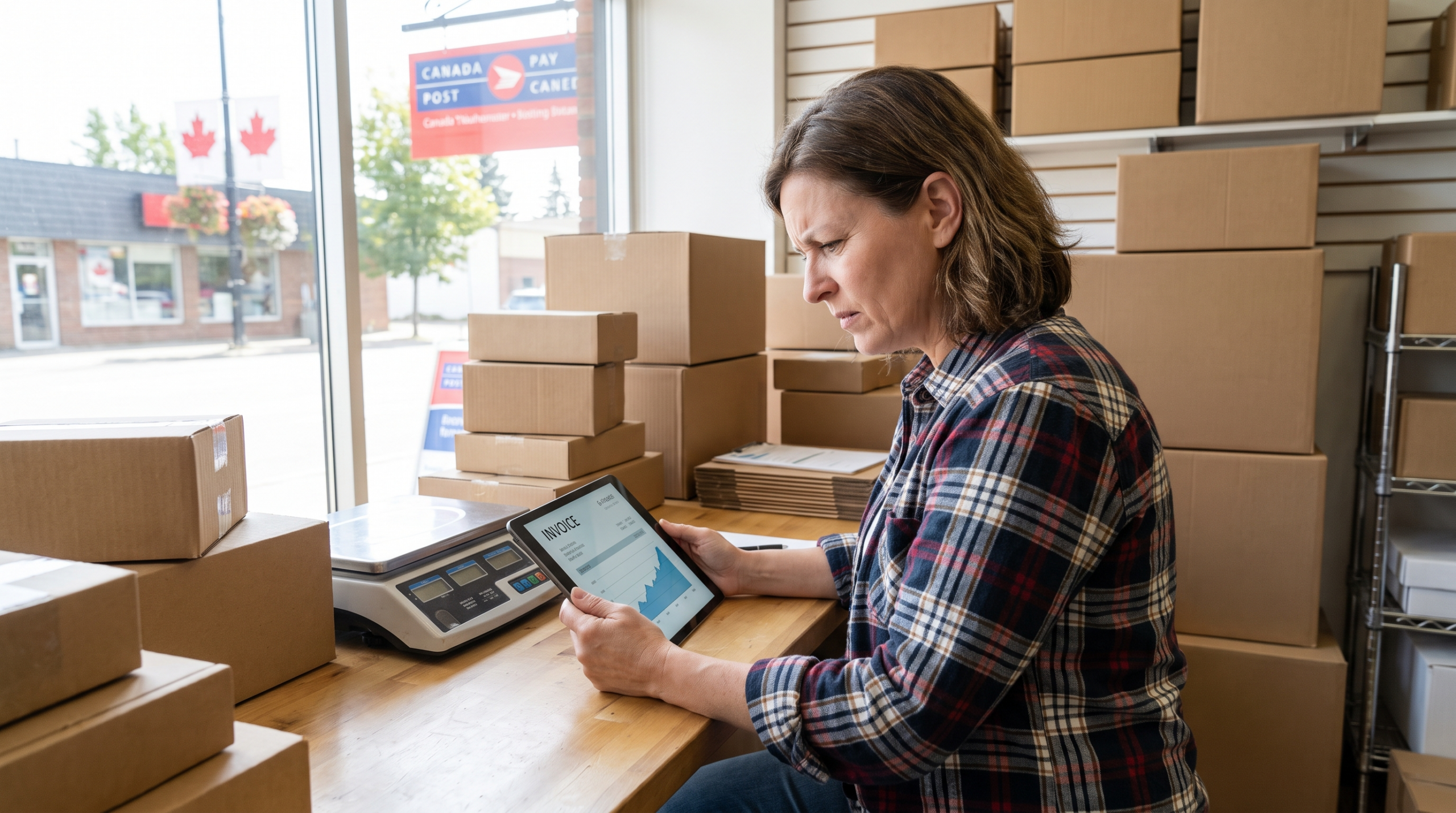 Canadian small business owner examining the impact of the 2027 FedEx rate increase on a shipping invoice