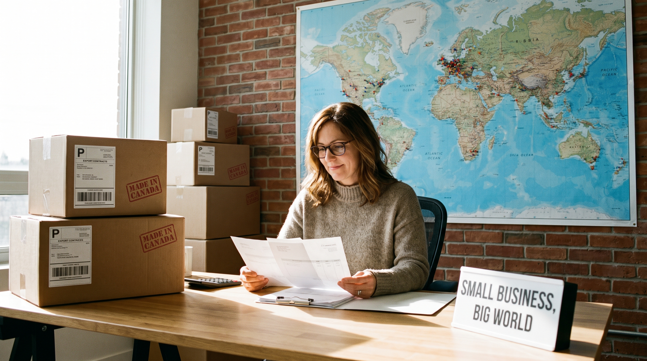 Dirigeante de PME canadienne vérifiant les Incoterms 2026 sur un contrat d'exportation à côté de colis prêts à expédier