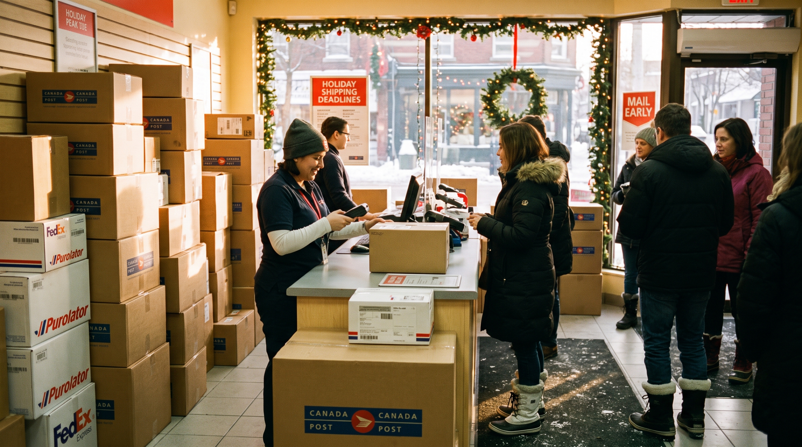 Comptoir d'expédition canadien en période des Fêtes, illustrant comment expédier des jouets au Canada