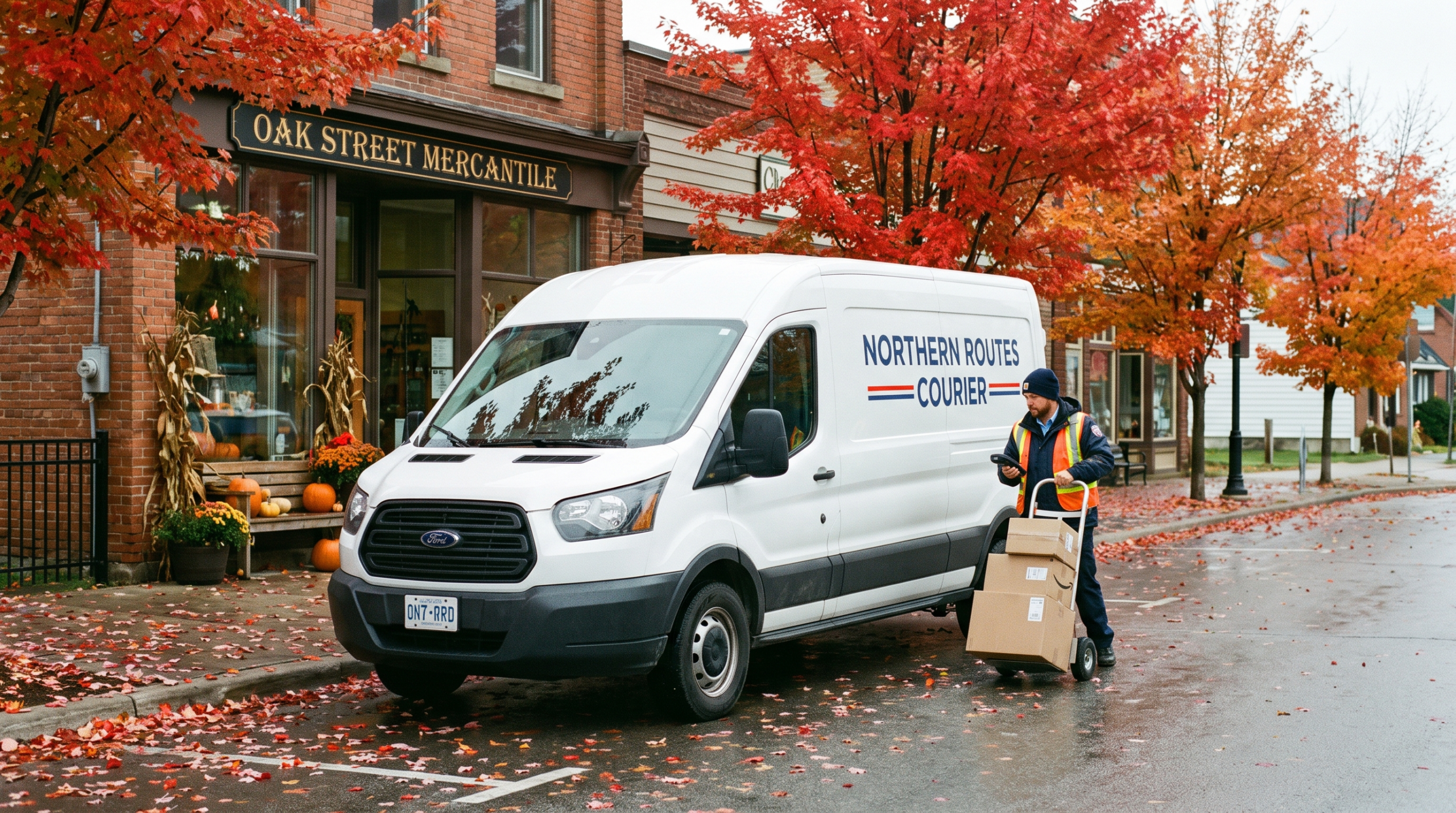 Repartidor de una empresa de transporte regional cargando paquetes frente a un comercio canadiense; empresas de transporte regionales de Canadá, 2026