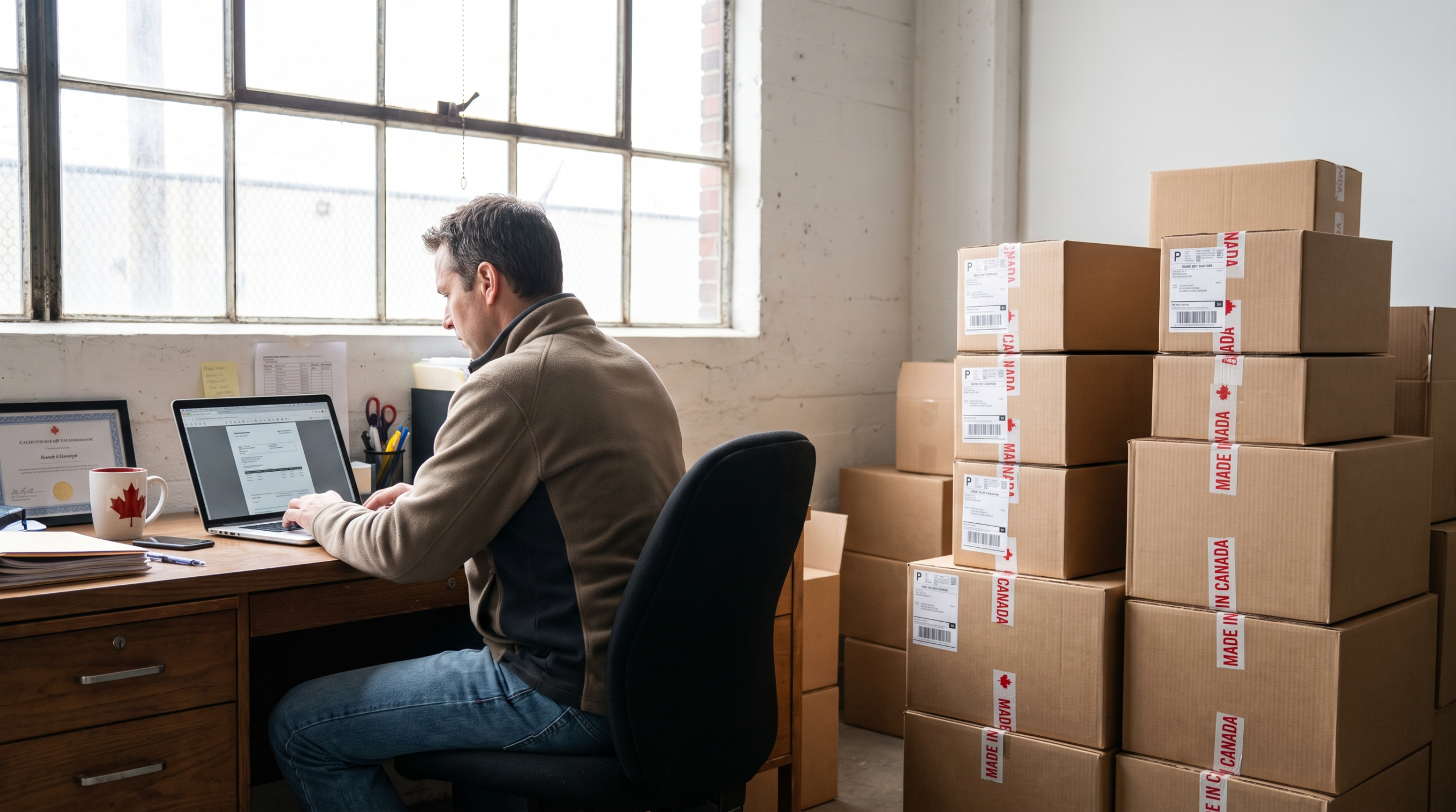 Déclaration d'exportation Canada : dirigeant de PME préparant ses documents CERS avant l'expédition