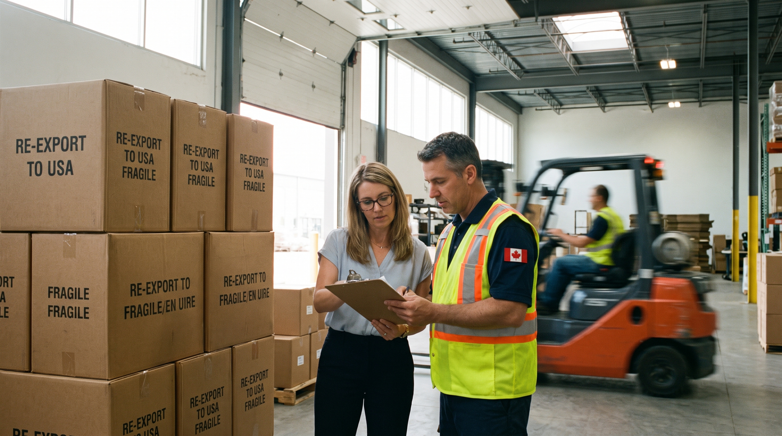 Courtier en douane vérifiant les documents d'exportation pour une demande de drawback de droits de douane au Canada