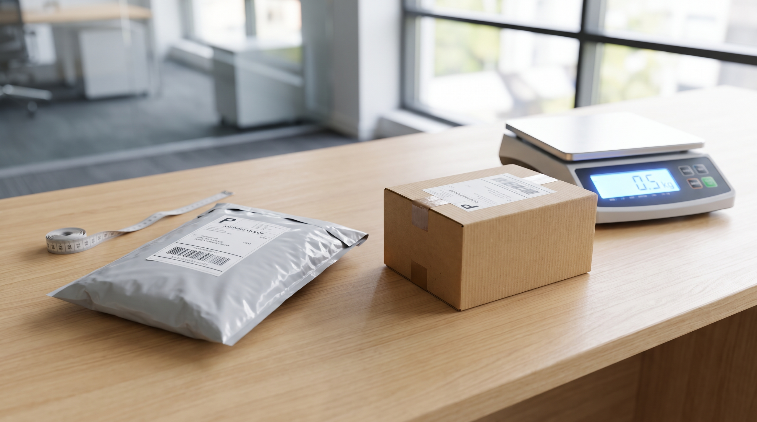 Enveloppe rembourrée et boîte en carton côte à côte sur un comptoir d'expédition avec une balance, pour comparer le coût d'expédition au Canada en 2026