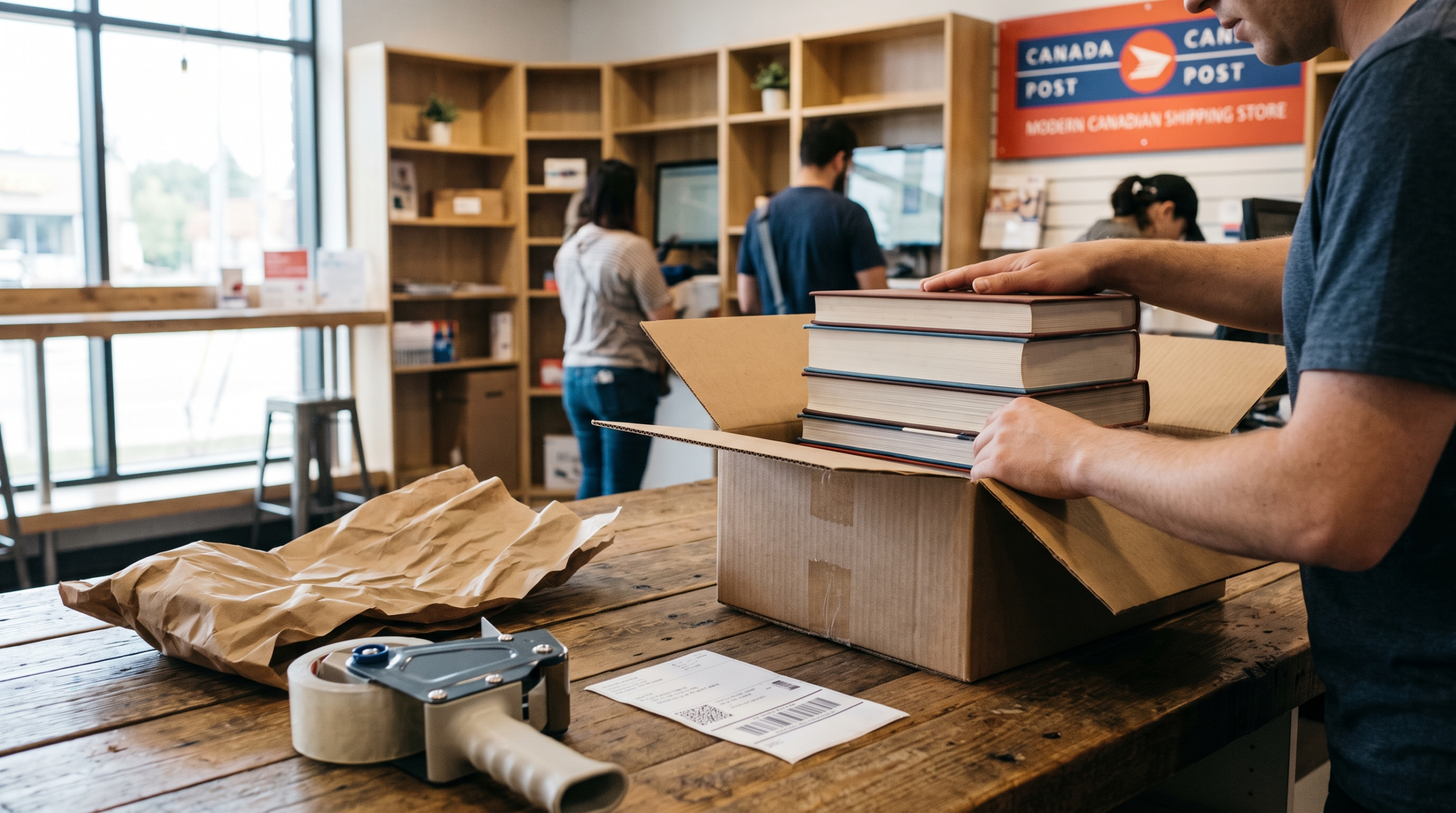 Expédier des livres au Canada : pile de livres emballée dans une boîte de carton rigide